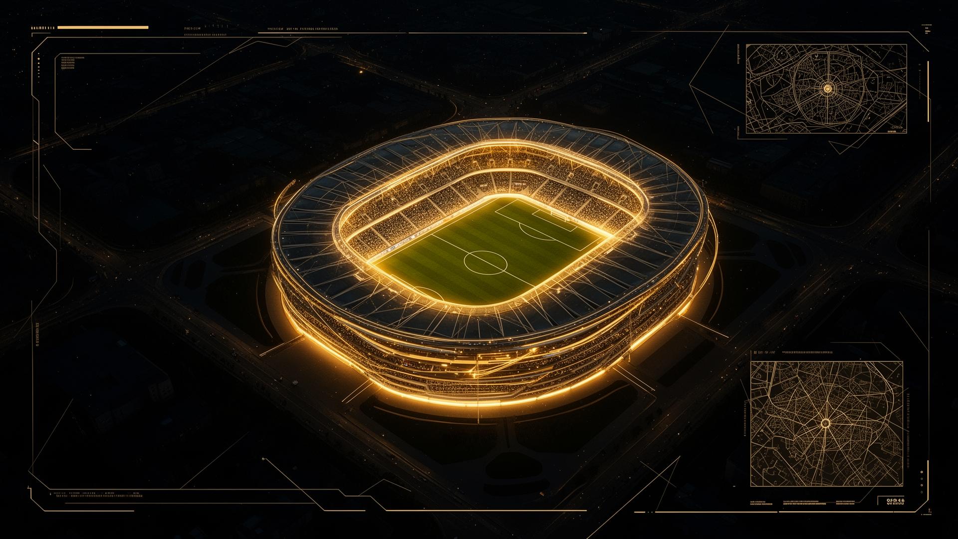 Vista aérea de estádio iluminado com efeito tecnológico